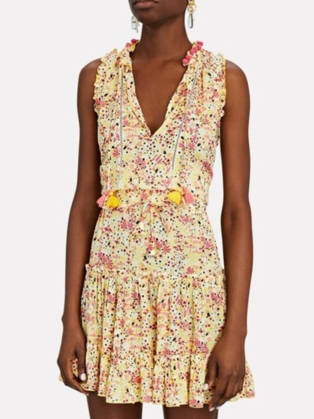 🌼B2G1🌼 Poupette St. Barth Yellow Floral Tiered Mini Dress Pink Tassel NWOT